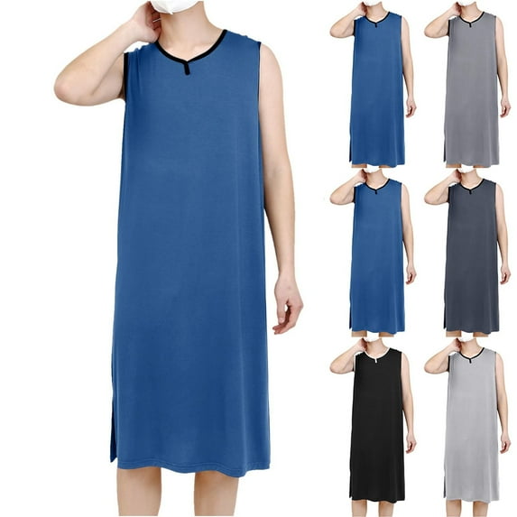 AnuYalue Nightgown for Men Lightweight V Neck Sleeveless Sleepwear Nightwear Soft Comfy Pajama Shirt Loose Fit Robe