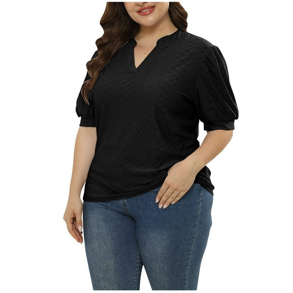 AnuYalue Oversized Notch V Neck T Shirts for Women Plus Size Puff Sleeve Eyelet Embroidery Tops Dressy Casual Short Sleeve Tunic Blouses
