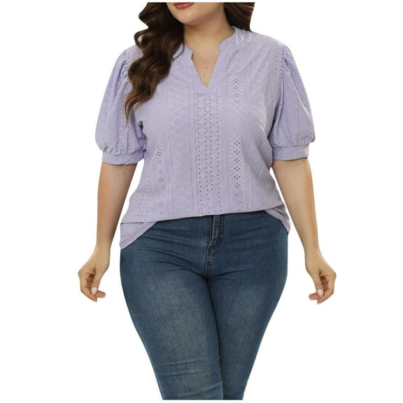 AnuYalue Oversized Notch V Neck T Shirts for Women Plus Size Puff Sleeve Eyelet Embroidery Tops Dressy Casual Short Sleeve Tunic Blouses