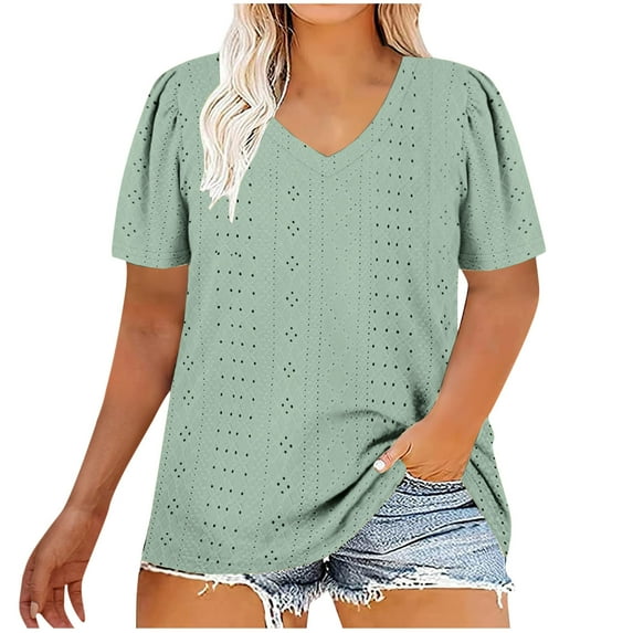 AnuYalue Oversized T Shirts for Women Dressy Eyelet Embroidery Short Short Sleeve Shirts Plus Size Loose Fit Workout Shirts Fashion Soft Graphic Going Out Lightweight Tees