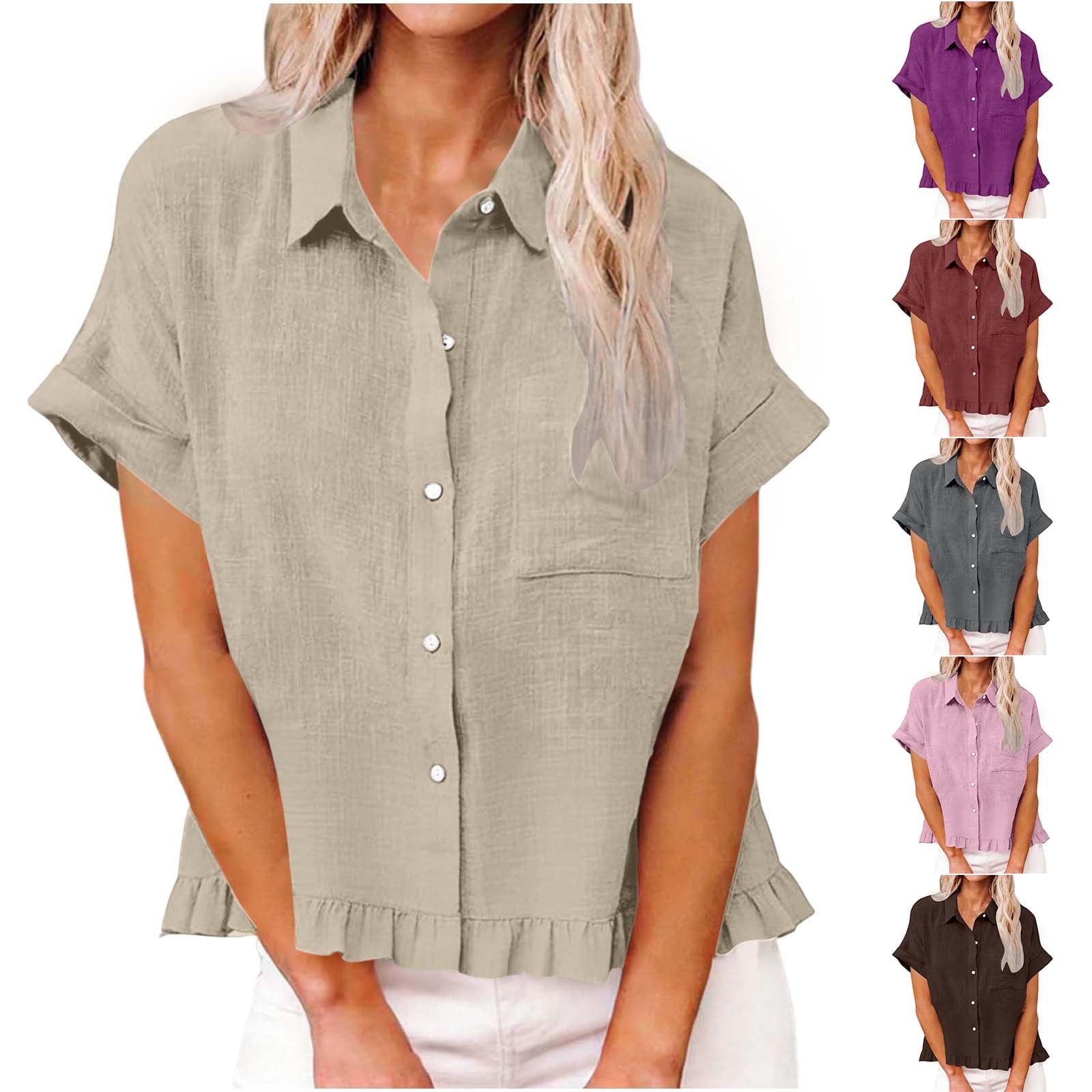 AnuYalue Plus Size Shirts for Women Short Sleeve Button Down Fashion ...