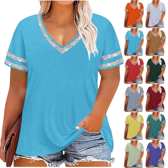 AnuYalue Plus Size Tshirts Shirts for Women V Neck Short Sleeve Blouse Oversized Basic Tees Loose Casual Trendy Summer Going Out Tops