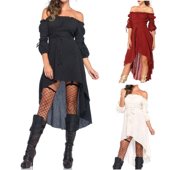 AnuYalue Renaissance Dress Women Victorian Medieval Ruffled Smocked Pirate Costume Lace up Hi-Lo Goth Dress Cospaly