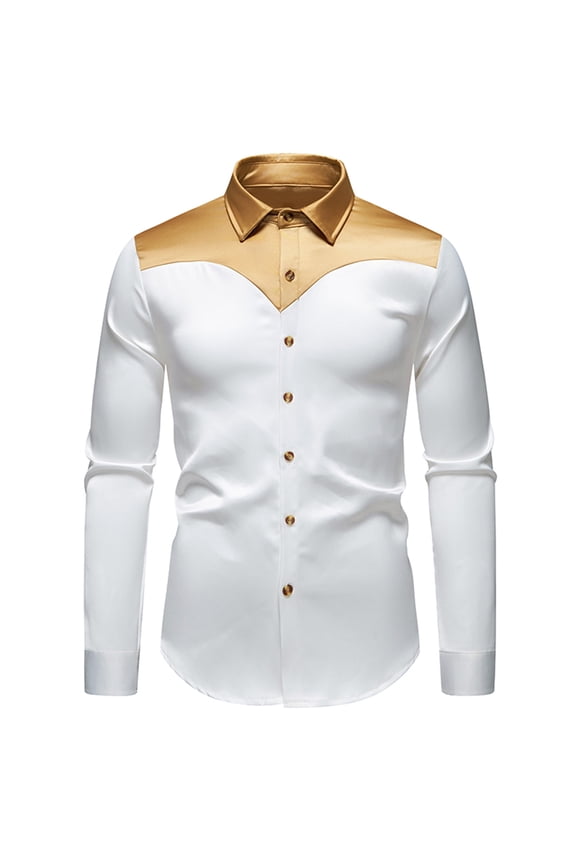 Satin Wedding Shirt for Men Slim Fit Button Down Dress Shirts Contrast Color Lapel Top Fashion Long Sleeve T-Shirt