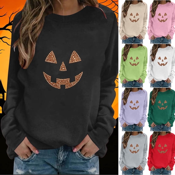 AnuYalue Sweatshirt for Women Rhinestone Ghost Pumpkin Crewneck Pullover Tops for Holiday Party