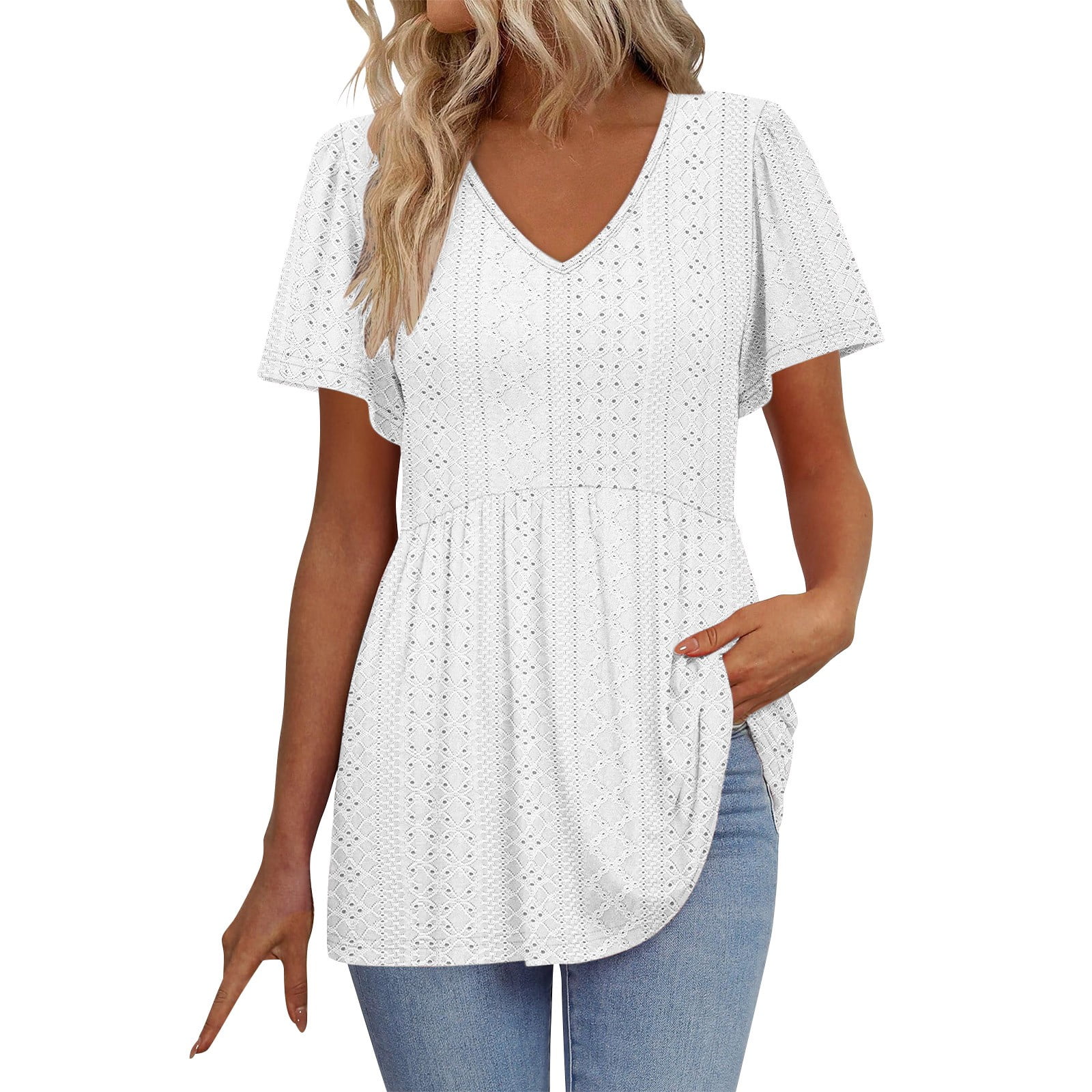 Anna-Kaci Womens Short Sleeve V Neck Eyelet Trim Babydoll Woven Blouse Top