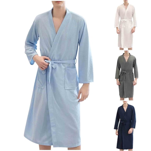 AnuYalue Waffle Bathrobe for Men Soft Quick Dry Nightgown Robes V Neck Solid Color Nightshirt Long Sleeve Pajama Shirt with Pocket