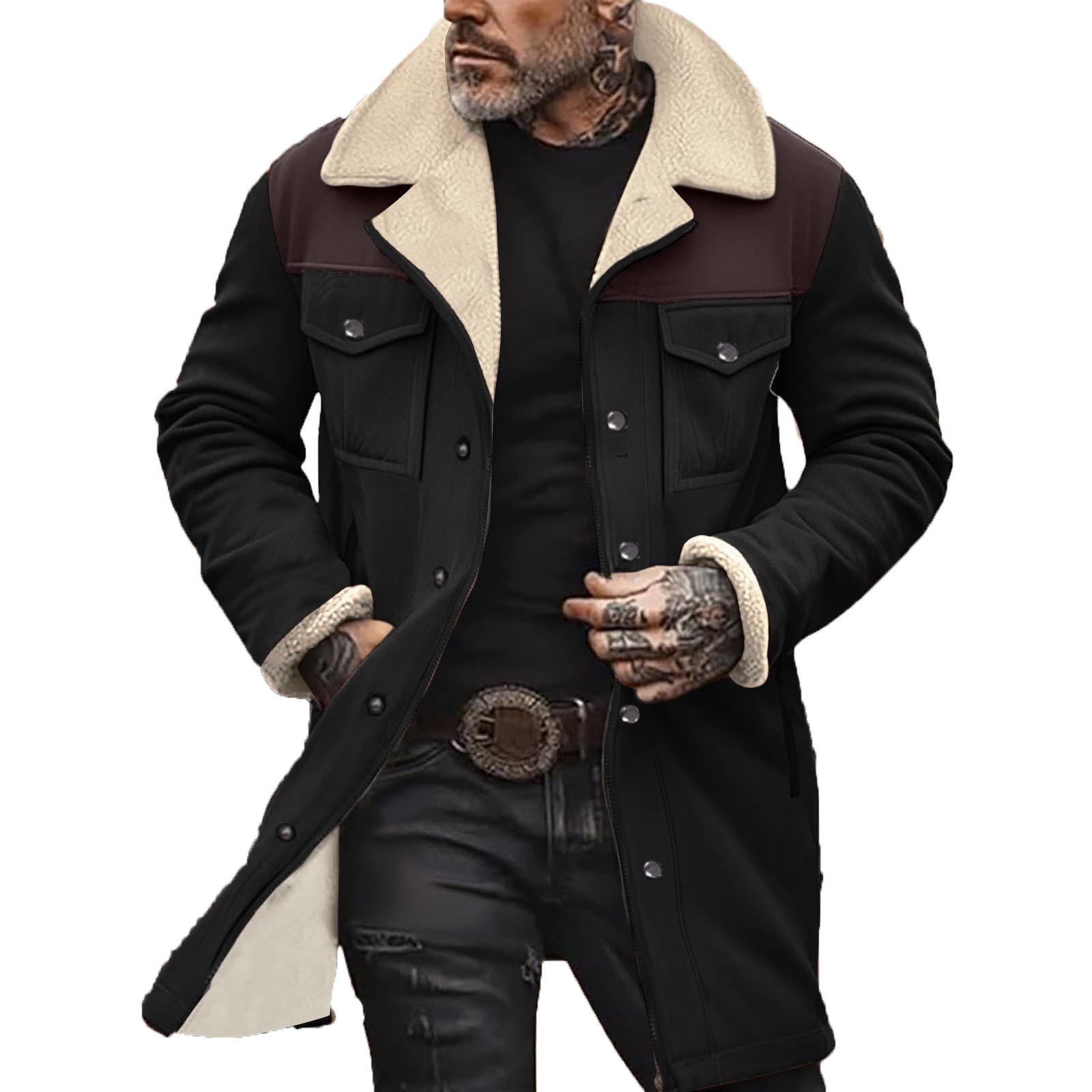 AnuYalue Western Jackets for Men Lapel Faux Leather Coats Casual Patchwork Winter Overcoat Vintage Cowboy Coat with Pockets