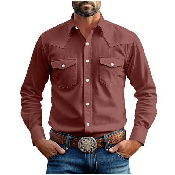 AnuYalue Western Shirts for Men Big and Tall Lapel Work T-Shirt Lightweight Button Down Shirt Vintage Long Sleeve Tops with Pockets