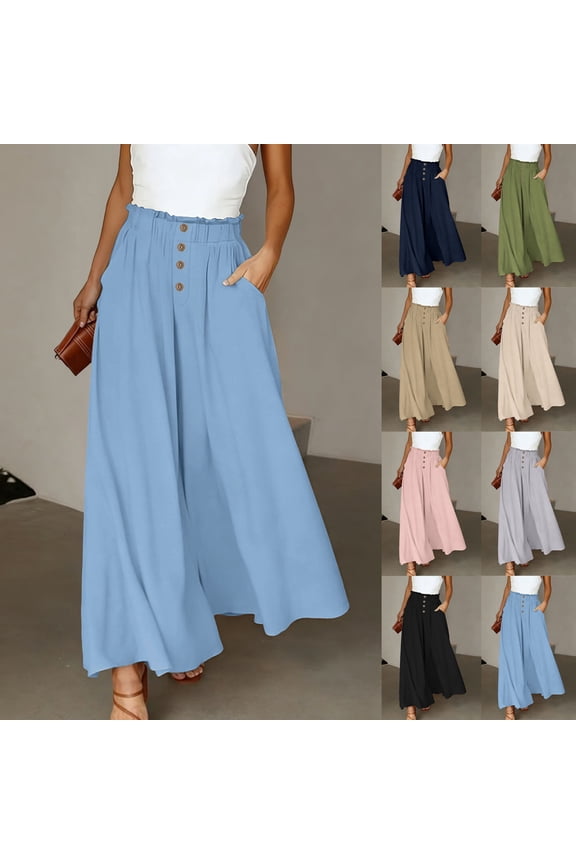 Wide Leg Linen Pants for Women High Waisted Button Front Flowy Palazzo Pants Smocked Loose Work Culottes with Pockets