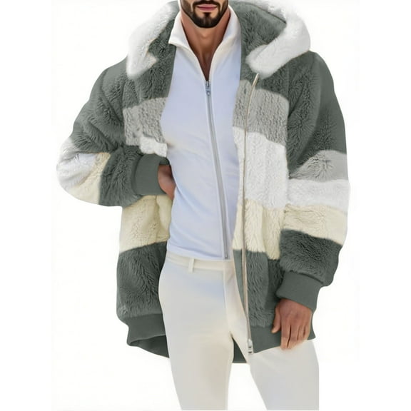 AnuYalue Winter Fleece Fuzzy Jacket Mens Fashion Color Block Cardigan Coats Casual Full Zip Hooded Jackets Faux Fur Outerwear with Pockets