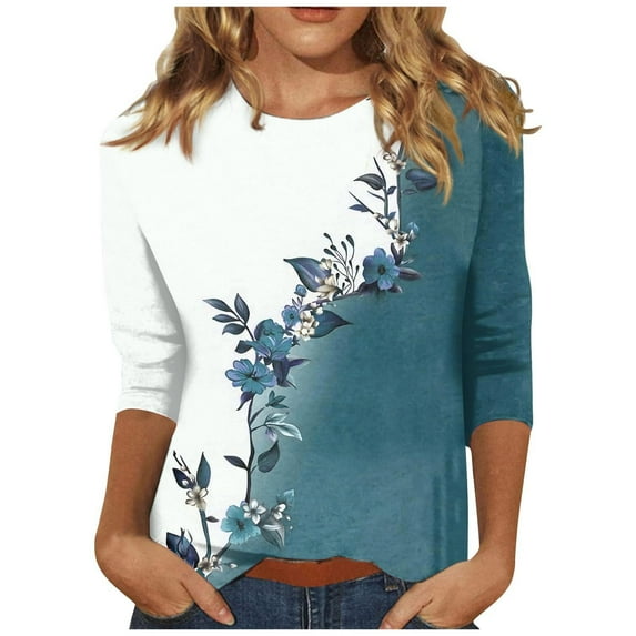 AnuYalue Women 3/4 Sleeve Summer Tops Crewneck Cute Tunic Color Block Blouse Three Quarter Length Floral Print Round Neck T-Shirt