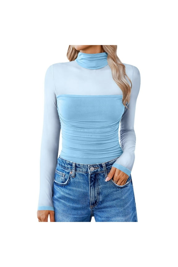 Women Long Sleeve Bodysuit Turtle Neck Shapewear Body Suits Mesh One Piece Leotard Shirt Going Out Tops Fall Outfits, Blue M