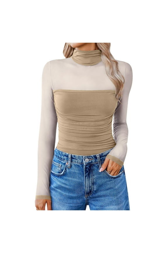 Women Long Sleeve Bodysuit Turtle Neck Shapewear Body Suits Mesh One Piece Leotard Shirt Going Out Tops Fall Outfits, Khaki S