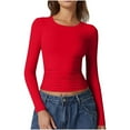 thumbnail image 1 of AnuYalue Women Long Sleeve Crop Tops Fashion Y2K Cute Going Out Shirts Spring Slim Fitted Tight T Shirts Casual Solid Color Side Ruched Basic Cropped Tops Girls Lightweight Crew Neck Shirt, Red M, 1 of 9