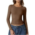 thumbnail image 1 of AnuYalue Women Long Sleeve Crop Tops Fashion Y2K Cute Going Out Shirts Spring Slim Fitted Tight T Shirts Casual Solid Color Side Ruched Basic Cropped Tops Girls Lightweight Crew Neck Shirt, Coffee M, 1 of 6