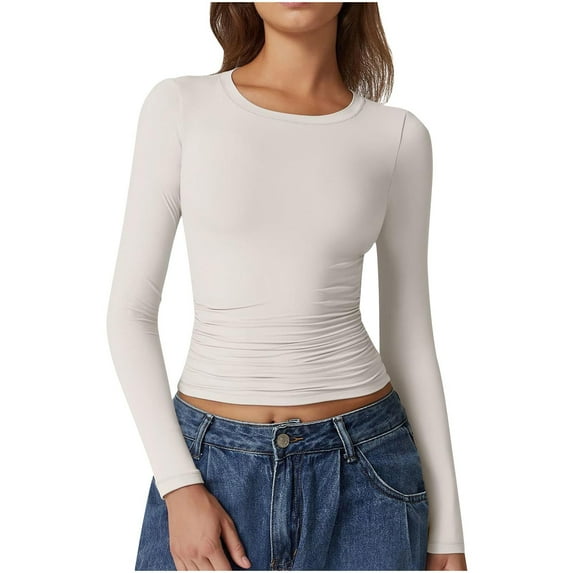 AnuYalue Women Long Sleeve Crop Tops Fashion Y2K Cute Going Out Shirts Spring Slim Fitted Tight T Shirts Casual Solid Color Side Ruched Basic Cropped Tops Girls Lightweight Crew Neck Shirt, White L