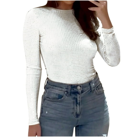 AnuYalue Women Slim Fit Sequins Tops Rib Knit Mock Neck Undershirts Top 2025 Spring Going Out Tight Sparkle Shirts Solid White Ruched Long Sleeve Shirts, White L