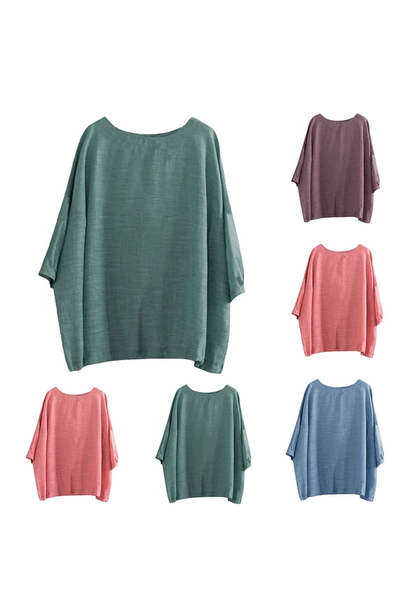 Women Solid Color T Shirts Round Neck 3/4 Length Sleeve Tshirt Lightweight Tee Loose Fit Pullover Tops