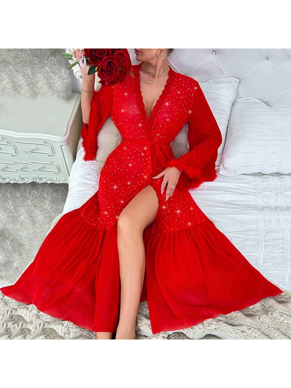 Women's Bathrobe Flare Long Sleeve Sequin See Through Nightgown with Ruffle Hem Belted Sleepwear