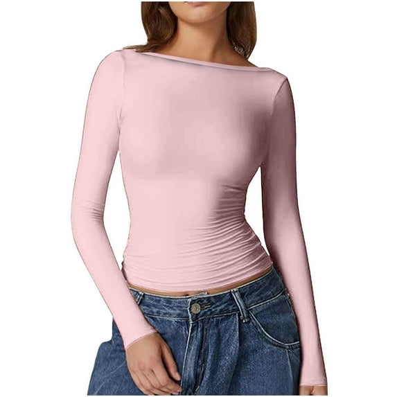 AnuYalue Women's Boat Neck Crop Tops Long Sleeve Double Lined Basic Solid Color Tees Fashion Soft Slim Fitted Tights T Shirts 2025 Spring Casual Soft Lightweight Y2K Teen Girls Clothing, Pink L
