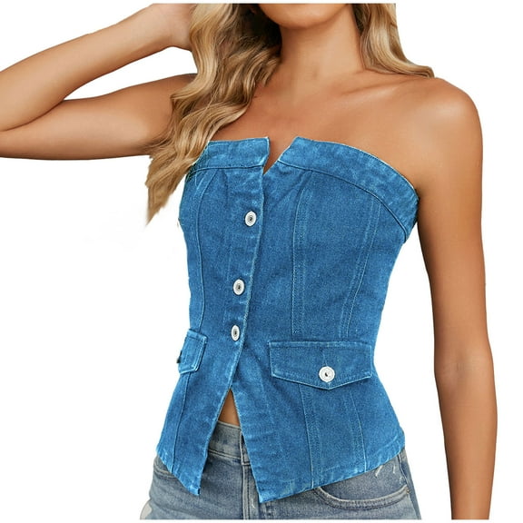 AnuYalue Women's Button Up Denim Crop Tube Tops Sexy Button Up Elastic Denim Sleeveless Vests Y2K Raw Hem Denim Tube Tops 2025 Summer Fitted Bandeau Shirt Vest, Sky Blue S