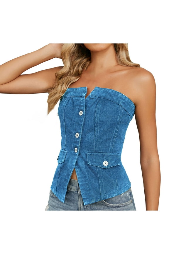 Women's Button Up Denim Crop Tube Tops Sexy Button Up Elastic Denim Sleeveless Vests Y2K Raw Hem Denim Tube Tops 2025 Summer Fitted Bandeau Shirt Vest, Sky Blue M