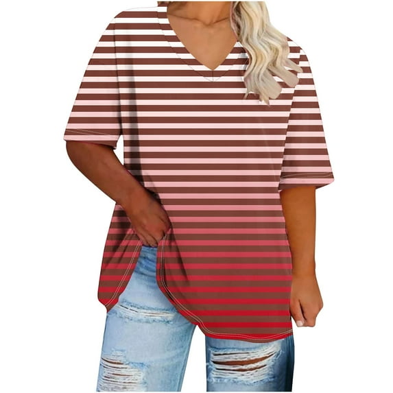 AnuYalue Women's Casual Plus Size Top Short Sleeve V Neck Tunic Blouses Fashion Striped Oversized Loose Tees 2025 Summer Breatable Going Out Workout Tshirt