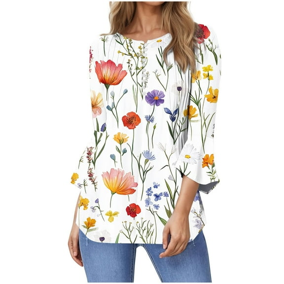 AnuYalue Women's Casual Three Quarter Length Sleeve Tops Dressy Crewneck Tunic Button Up Blouses Summer Fashion Loose Fitted 3/4 Length Sleeve Shirts 2025