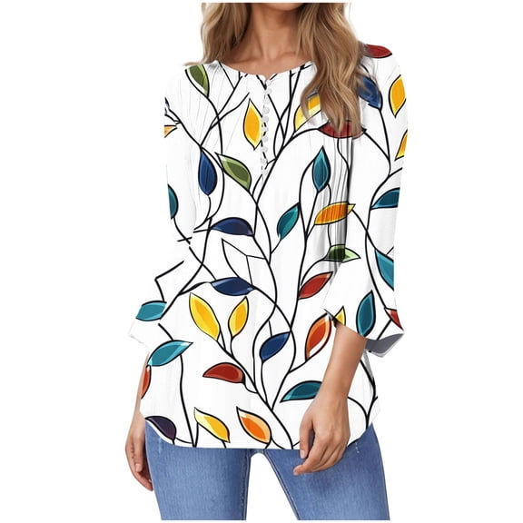 AnuYalue Women's Casual Three Quarter Length Sleeve Tops Dressy Crewneck Tunic Button Up Blouses Summer Fashion Loose Fitted 3/4 Length Sleeve Shirts 2025