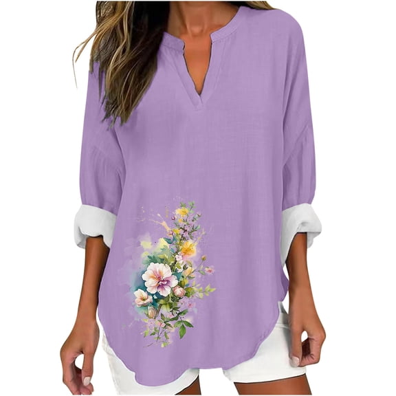 AnuYalue Women's Cotton Linen 3/4 Sleeve T-Shirts Alzheimer's Awareness Day V Neck Tunic Tops Cute Purple Floral Graphic Blouse Three Quarter Length Shirts Trendy T-Shirt V Neck Lightweight Tees