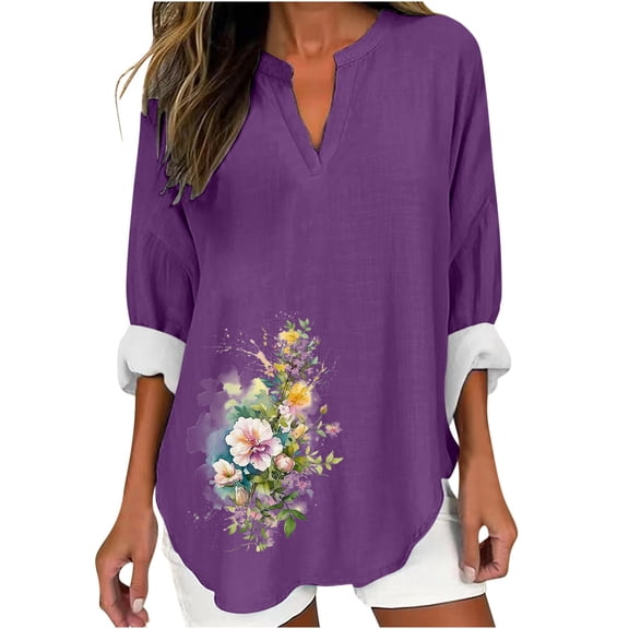AnuYalue Women's Cotton Linen 3/4 Sleeve T-Shirts Alzheimer's Awareness Day V Neck Tunic Tops Cute Purple Floral Graphic Blouse Three Quarter Length Shirts Trendy T-Shirt V Neck Lightweight Tees