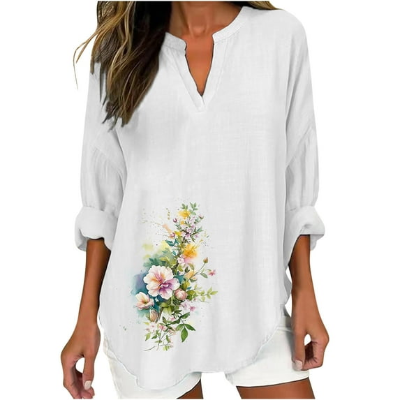 AnuYalue Women's Cotton Linen 3/4 Sleeve T-Shirts Alzheimer's Awareness Day V Neck Tunic Tops Cute Purple Floral Graphic Blouse Three Quarter Length Shirts Trendy T-Shirt V Neck Lightweight Tees