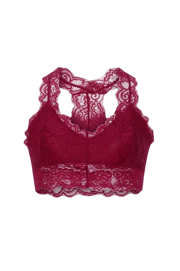 Women's Comfy Racerback Floral Lace Bra Plus Size Wire Free Padded V Neck Lace Bralette Sports Crop Top Underwear