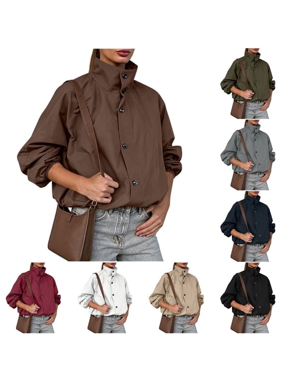 Women's Funnel Neck Jacket Casual Button Down Coat Long Sleeve High Collar Jackets Daily Outfits,Work,Travel