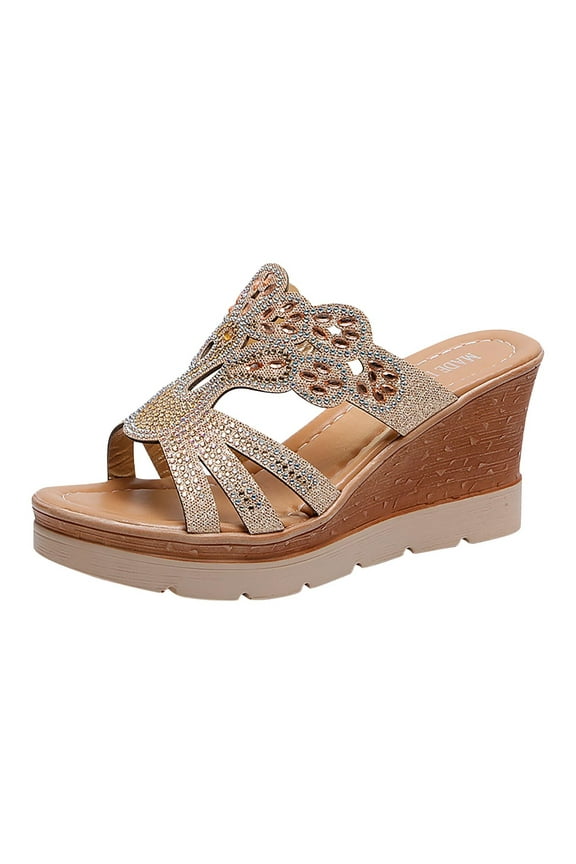Women's Glitter Platform Heels Slide Wedge Sandals Crystal Rhinestones Slip on Party Dress Wedge Sandals