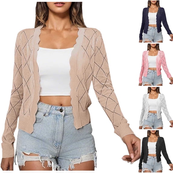 AnuYalue Women's Long Sleeve Cropped Cardigan Sweaters Open Front Blouse Trendy Lightweight Cardigans