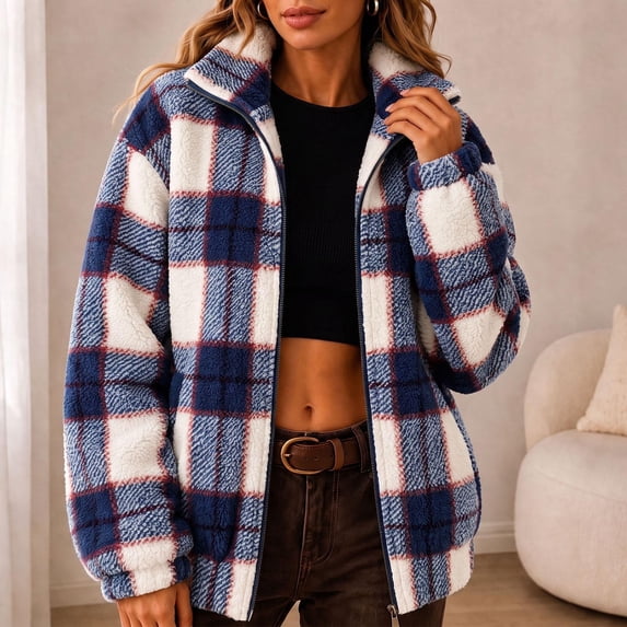 AnuYalue Women's Plaid Fleece Jacket Zip Up Stand Collar Coats Soft Long Sleeve Jackets Casual Winter Outerwear