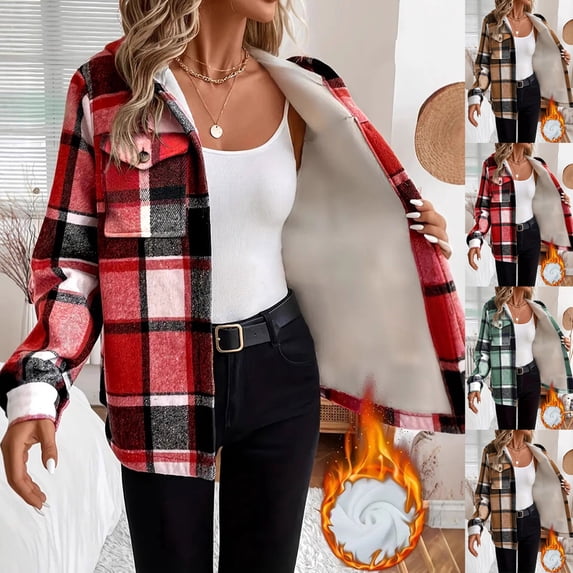 AnuYalue Women's Plaid Jackets Fashion Button Down Fleece Hooded Coats Fall Winter Long Sleeve Jacket with Pockets