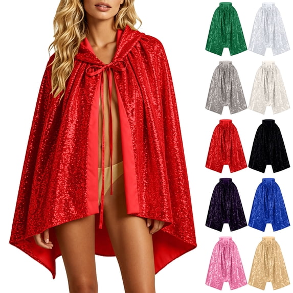 AnuYalue Women's Sequin Hooded Cape Cloak with Sparkly Costume Wrap for Masquerade Cosplay Parties and Festivals