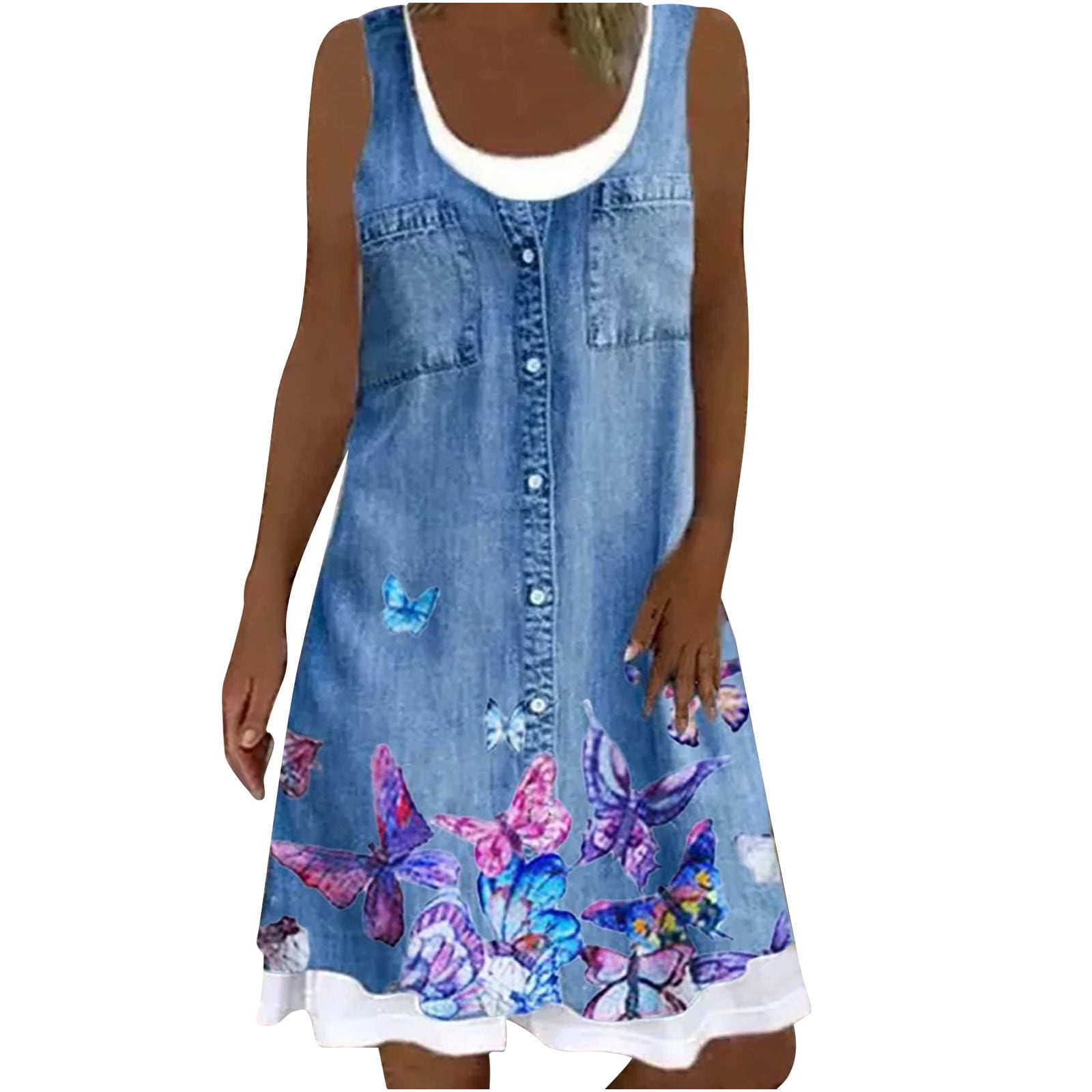 AnuYalue Women's Summer Sleeveless Jean Dress Floral Loose Denim