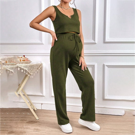 AnuYalue Womens 2 Piece Maternity Suit Sweatsuits Track Suits Tank Tops Wide Leg Pants Spring Summer Matching Outfits