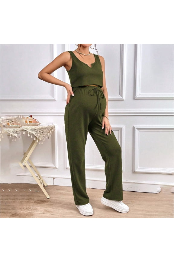 Womens 2 Piece Maternity Suit Sweatsuits Track Suits Tank Tops Wide Leg Pants Spring Summer Matching Outfits