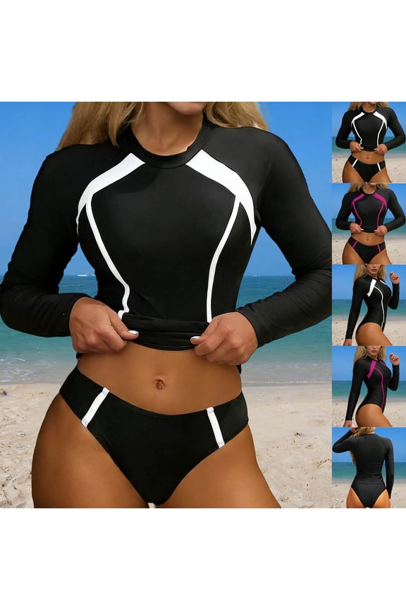 Womens 2 Piece Swimsuit Long Sleeve Crewneck Bathing Suit Outdoor Color Block Swim Tops Swimsuit