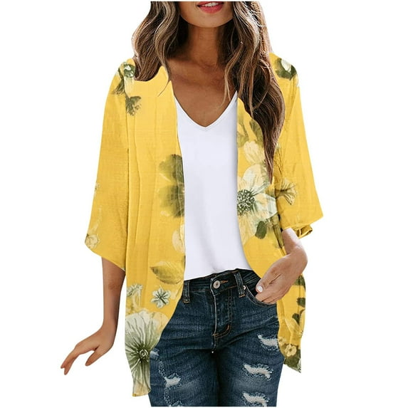 AnuYalue Womens 3/4 Length Sleeve Cardigans Tops Trendy Floral Print Cover Ups Casual Three Quarter Length Cardigan Tops Blouse 2025