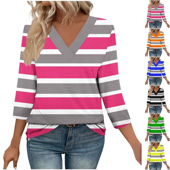 AnuYalue Womens 3/4 Sleeve Shirts V Neck Striped Tops Fashion Color Block T-Shirt Spring Summer Outfits