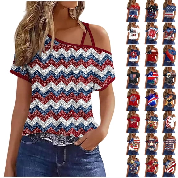 AnuYalue Womens 4th of July Shirt One Shoulder Short Sleeve Tee Summer Fashion Independence Day T-Shirt Patriotic Tops