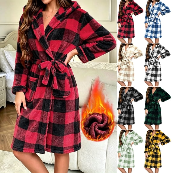 AnuYalue Womens Bathrobe Fleece Plaid Robes Winter Fuzzy Showear Robe V Neck Hooded Bathrobes Sleepwear with Belt