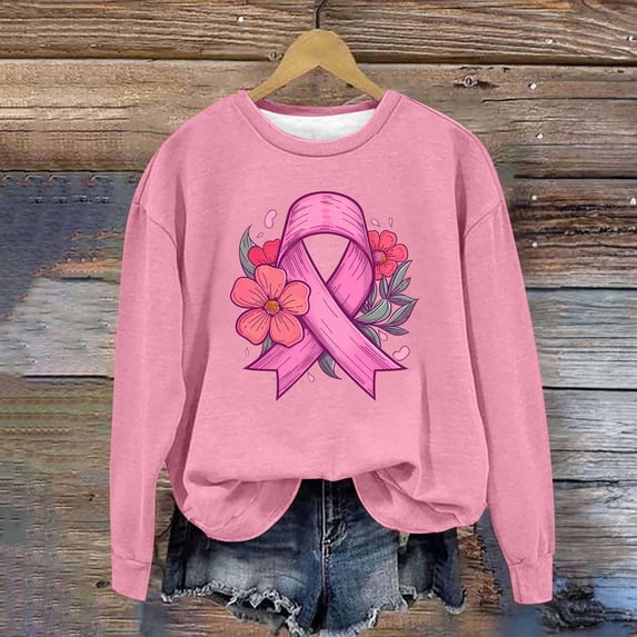 AnuYalue Womens Breast Cancer Awareness Sweatshirt Pink Ribbon Inspirational Tops Casual Crew Neck Fall Winter Pullover