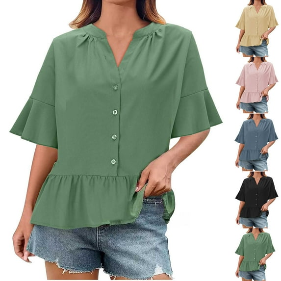 AnuYalue Womens Button Down Shirts Peplum Summer Tops Casual Dressy V Neck T-Shirts Ruffle Short Sleeve Work Blouse
